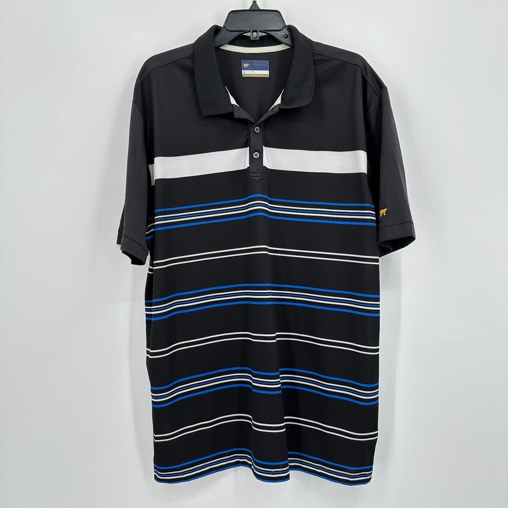 Jack‎ Nicklaus Polo Shirt Mens 2XL Black Blue Striped Staydri Golf Performance
